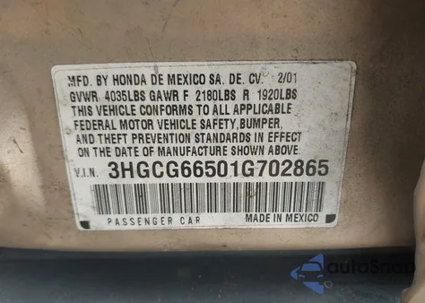 2001 Honda Accord 2.3 Lx из США, поврежденный, VIN 3HGCG66501G702865